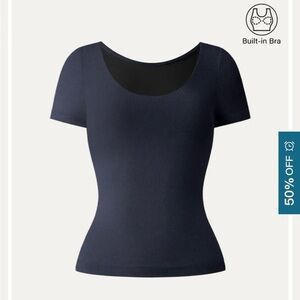 OGL short-sleeve double-layer scoop-neck top dark navy blue hue